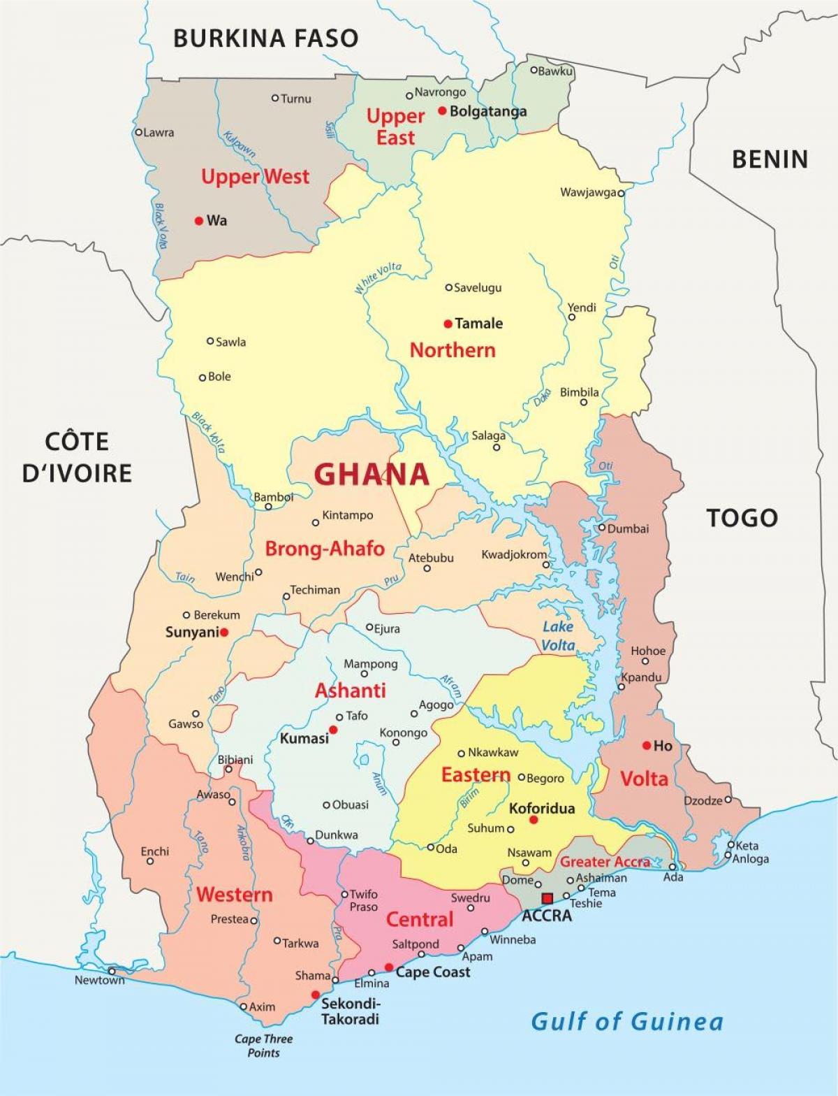 mappa del ghana, mostrando distretti
