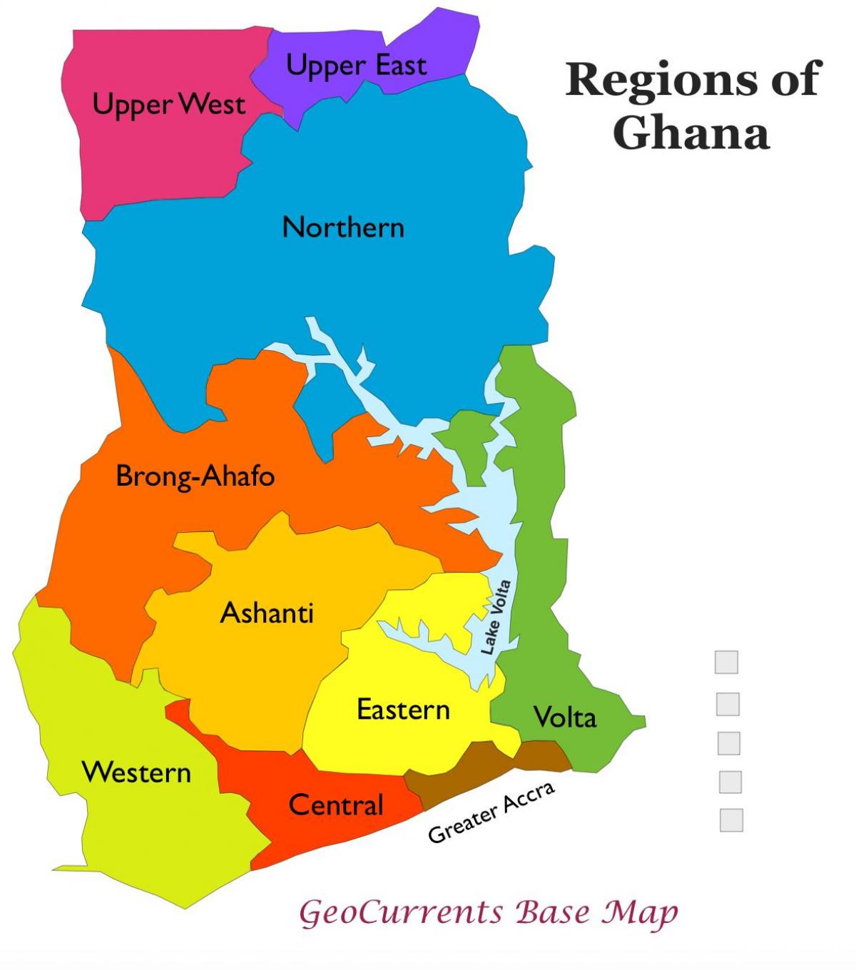 mappa del ghana, mostrando regioni