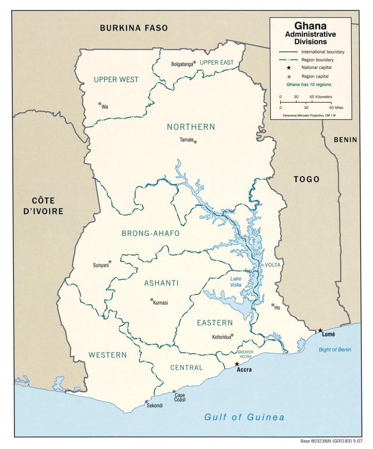 ghana mappa con le regioni e distretti